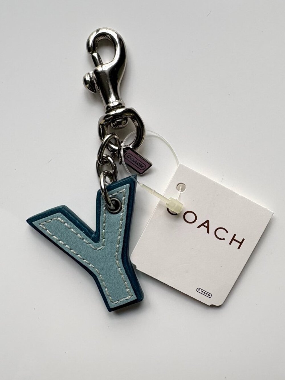 RARE NWT COACH Letter Initial Y Turquoise Silver Leather Bag Charm Keychain Fob